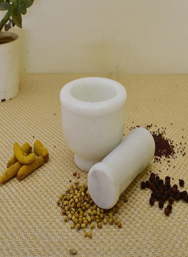 KunhaR Natural White Marble Mortar and Pestle Set, Imam Dasta, Ohkli Musal, Kharal - 3 x 2.5 Inches, White, (Half Polish) - Image 2